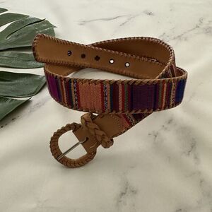 Omega Womens Vintage 90s Woven Belt Size L Colorful Stripe Leather Trim Boho